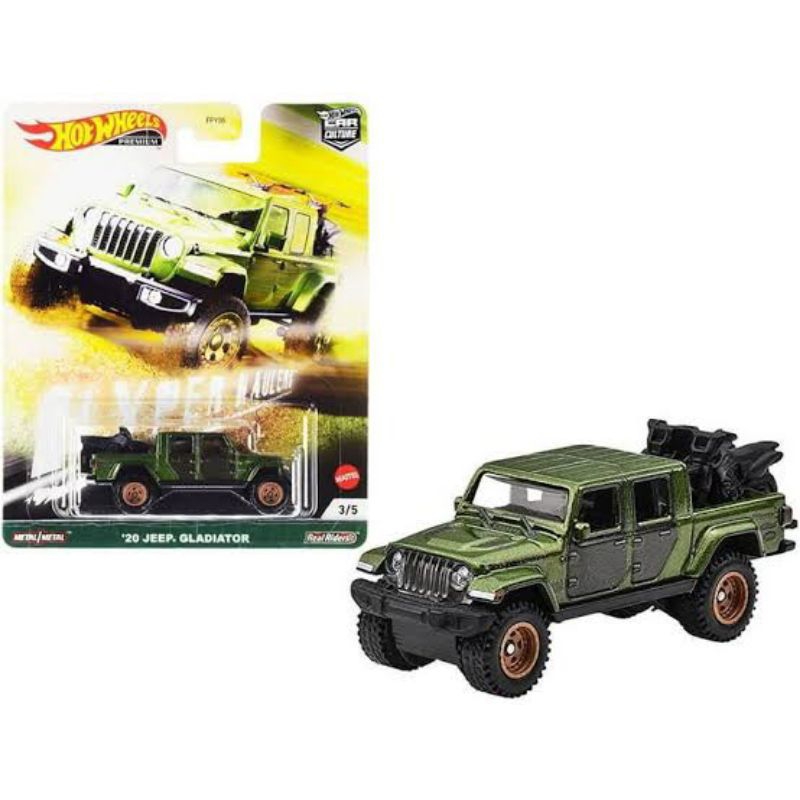 Hotwheels Premium '20 Jeep Gladiator Rubicon Black Army Green Off Road with 2 Motorcycle Pickup Truc