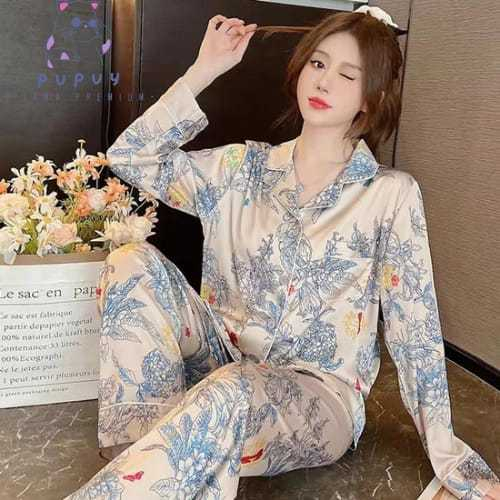 Baju Tidur Wanita Sutra Premium Quality Moti Bunga Piyama Remaja Dewasa Korea Anggun Kancing Lengan 