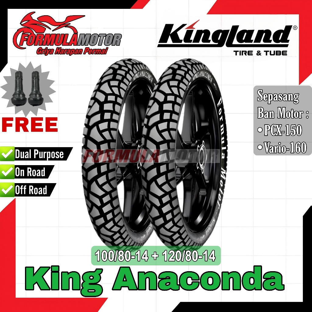 100/80-14 + 120/80-14 Kingland King Anaconda Ring 14 Tubeless (Dual Purpose) Sepasang Ban Motor PCX-