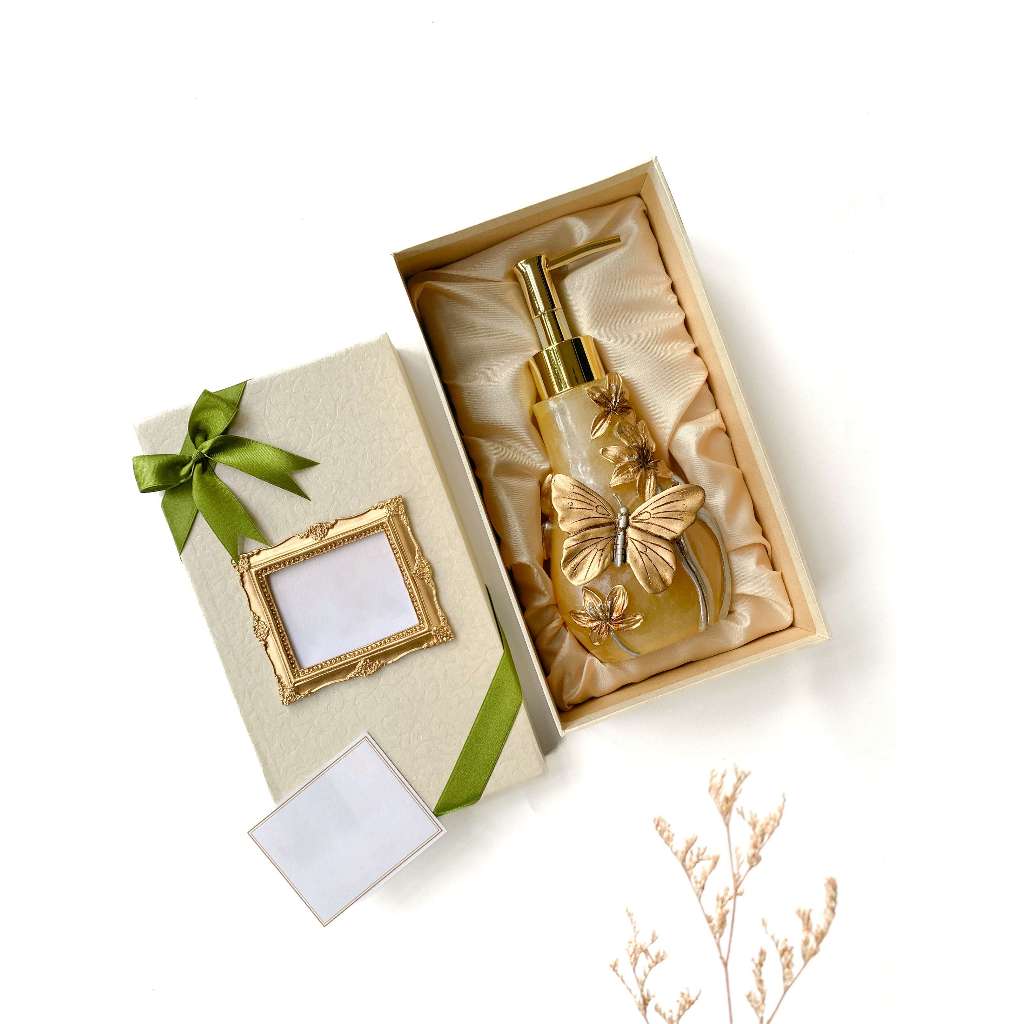 GOLDEN BUTTERFLY SOAP DISPENSER HAMPERS ULTAH KADO SOUVENIR PERNIKAHAN VIP