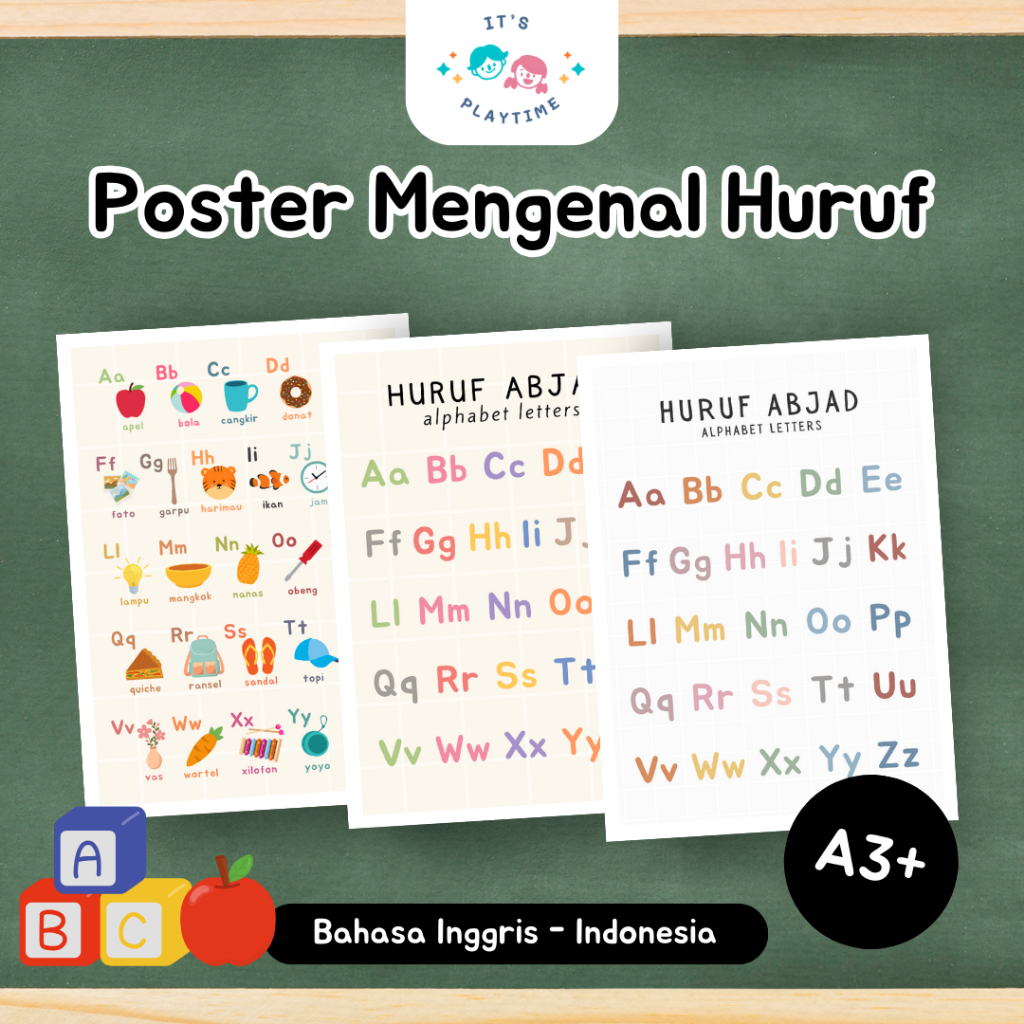 It's Playtime - Poster Edukasi Anak Aesthetic - Tema Mengenal Huruf Abjad Alfabet A3+ 260 gr