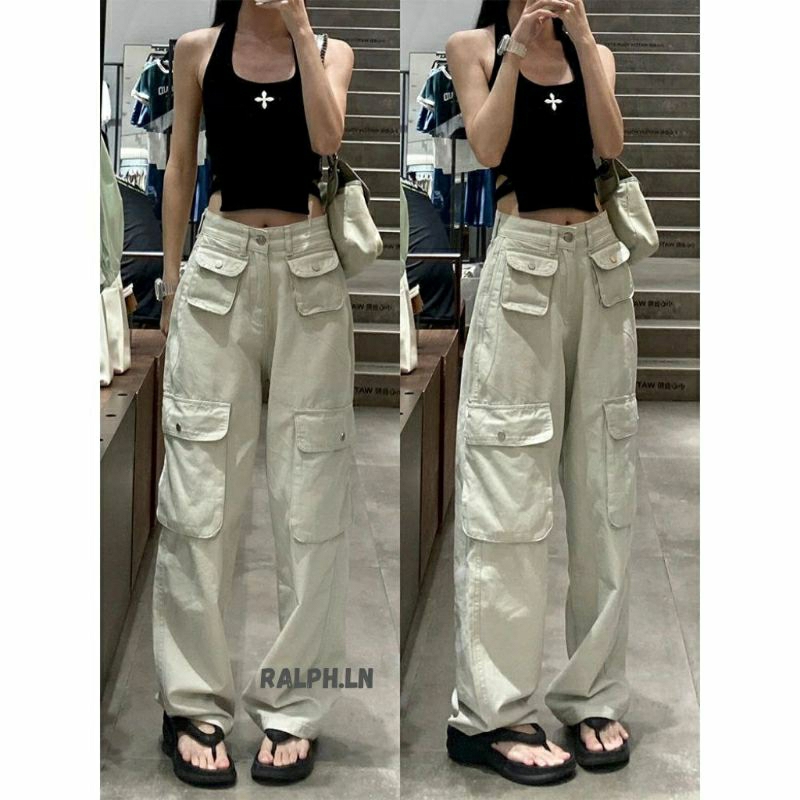 Celana wanita jeans cargo highwaist warna krem putih tulang model terbaru