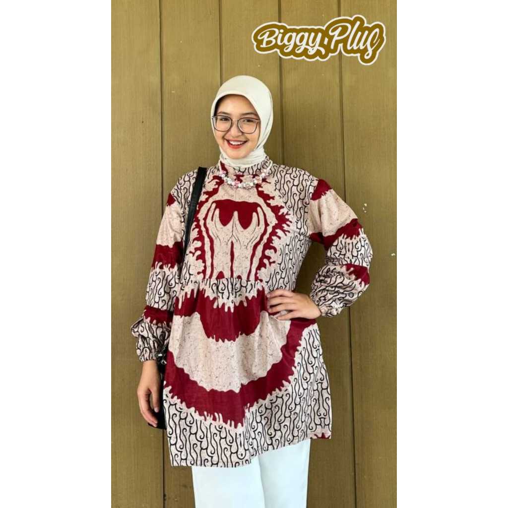 RB BIGGYPLUS - Blouse Atasan Kemeja Batik Wanita Lengan Balon Jumbo LD 120 LD 130 LD 140 LD 150