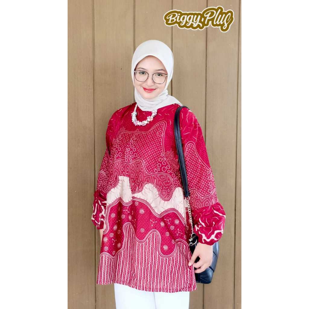 BIGGYPLUS - Blouse Atasan Kemeja Batik Wanita Lengan Balon Jumbo LD 120 LD 130 LD 140 LD 150 Batik