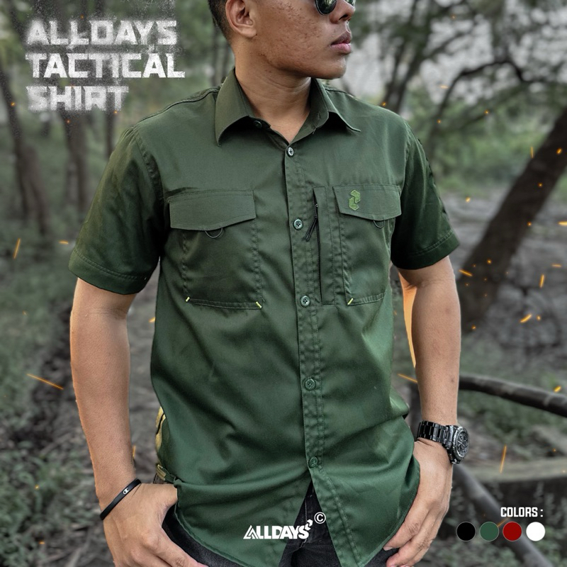 ALLDAYS - Kemeja Kerja Ajudan Tactical Polos Hitam Putih Maroon Army Pendek
