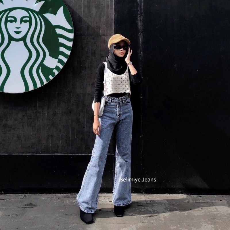 Celana Cutbray Jeans Wanita Highwaist Korean snow blue