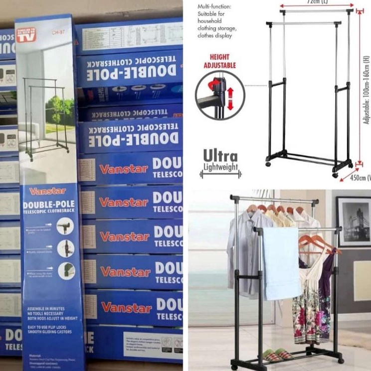 Cuci Gudang JR5 JEMURAN BAJU DOUBLE POOL RAK BESI STAINLEES  JEMURAN PAKAIAN  STAND HANGER BESI STAI