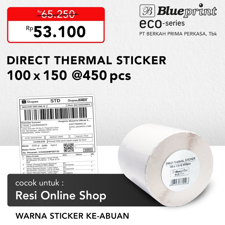 

Fast Respon Direct Thermal Sticker 1 x 15 Label Resi BLUEPRINT ECO 1x15 mm