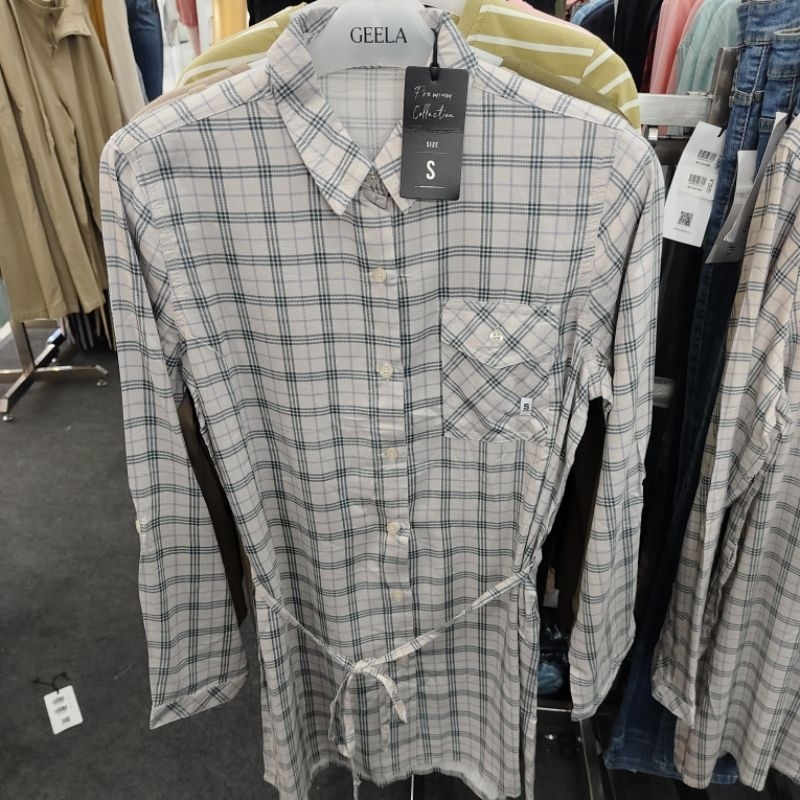 GEELA TUNIK WANITA KOTAK KOTAK CREAM DENGAN TALI PINGGANG