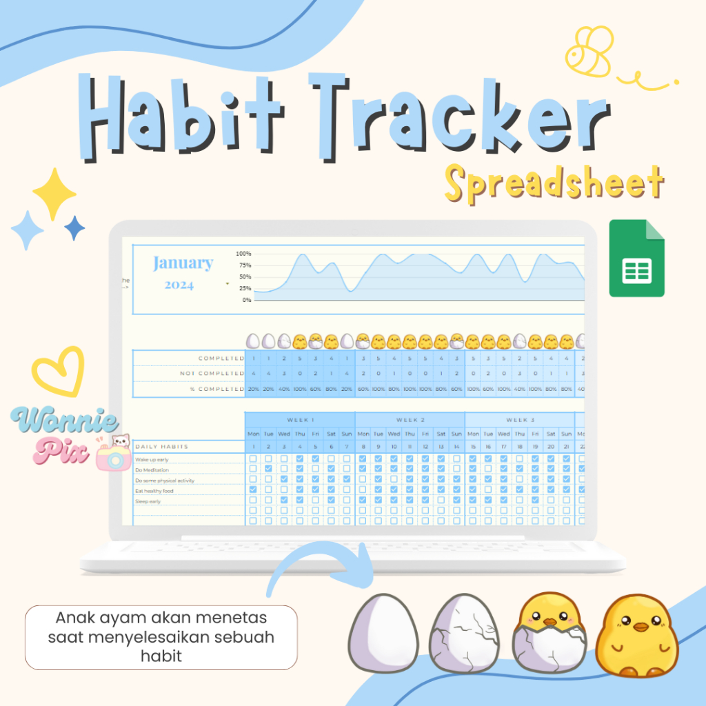 

Habit Tracker Spreadsheet - Chick Egg | Daily Weekly Monthly Habit Planner | Goal Planner | Digital Dashboard | Simple Tasks Planner