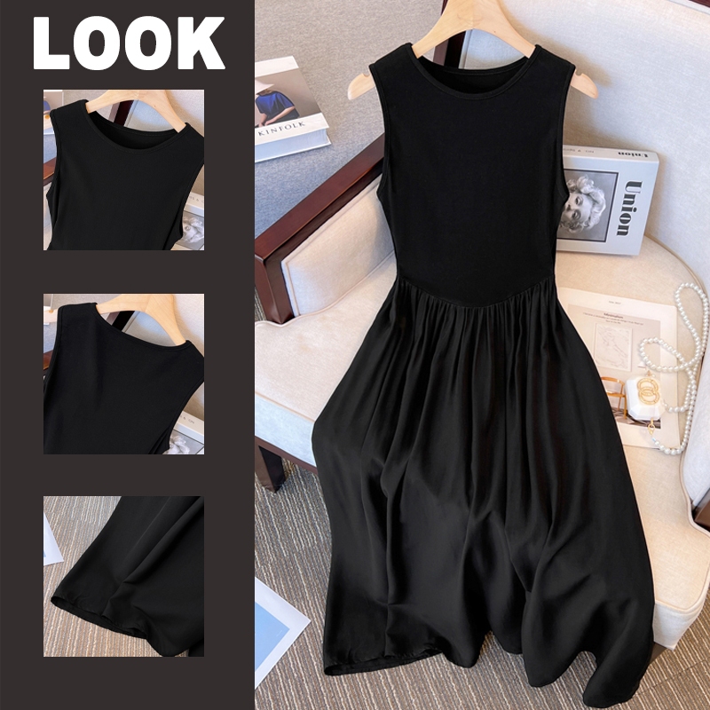 DRES HITAM PANJANG WANITA ROK KOREAN STYLE ROK PLISKET DRESS KASUAL DRESS TANPA LENGAN