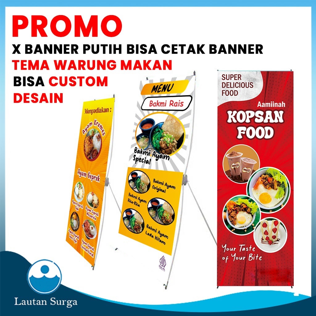 (PAKET STAND X BANNER Putih) Cetak Standing Banner / Spanduk / Baliho Custom Free Desain Benner Waru