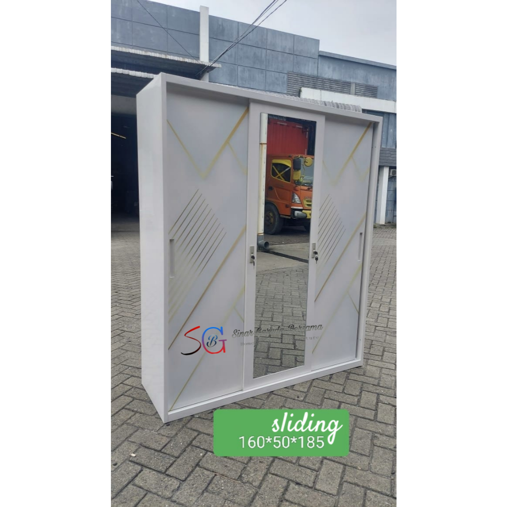 [PLAT BESI GAMIS] LEMARI PAKAIAN SLIDING 3 PINTU MOTIF GARIS KACA PANJANG + GANTUNGAN BAJU + RAK + R