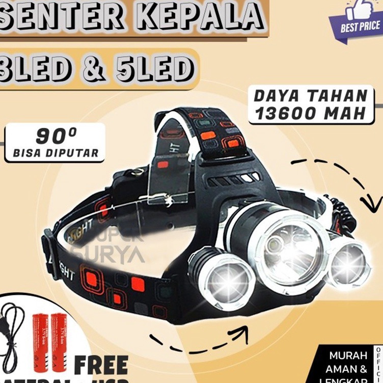 Senter Kepala 3 Mata LED Super Terang Rotasi 9 45 mAh XML T6 8 Lumens ART Z7H6