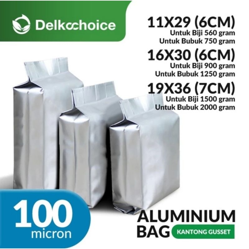 PLASTIK KEMASAN STANDING POUCH ALUMINIUM FOIL BAG SILVER FULL GUSSET 500Gr 1000Gram 2000 Gram 1Kg 2K