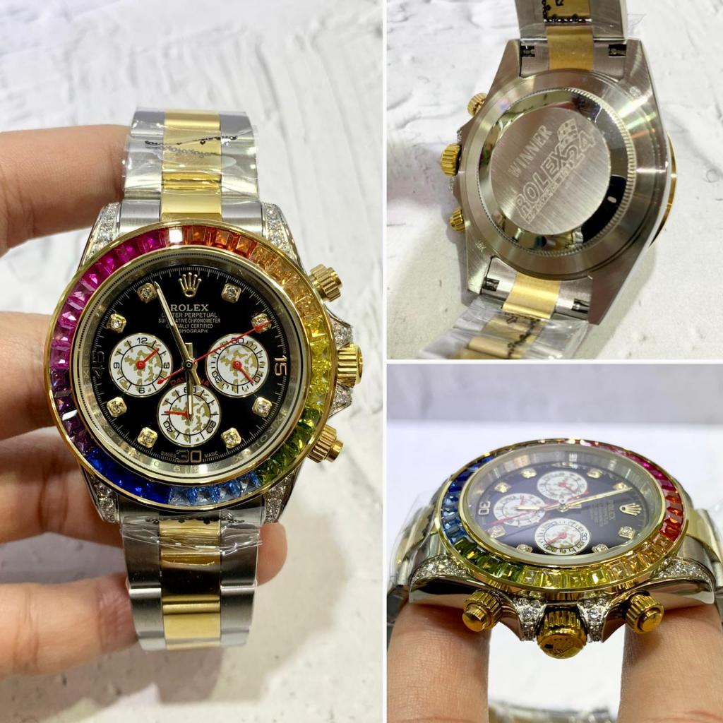 Rolex Daytona Diamond Jam Automatic Jam Sultan Mewah Rainbow Stainless Premium