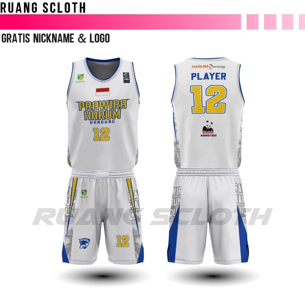 KODE N99Z Jersey Basket Prawira Harum Bandung White Terbaru Gratis Pasang Nama dan Nomor Punggung