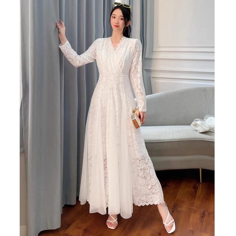 51901 Baju maxidress AZIRA LACE PATCHWORK VNECK BROKAT Maxi dress polos dres Korea Korean style wani