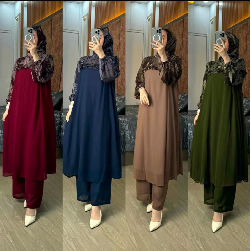 NEW SET LONG TUNIK HIJAB AISYAH VIRAL SETELAN TUNIK WANITA MUSLIMAH SET MIDI DRESS SETELAN BUSUI BUM