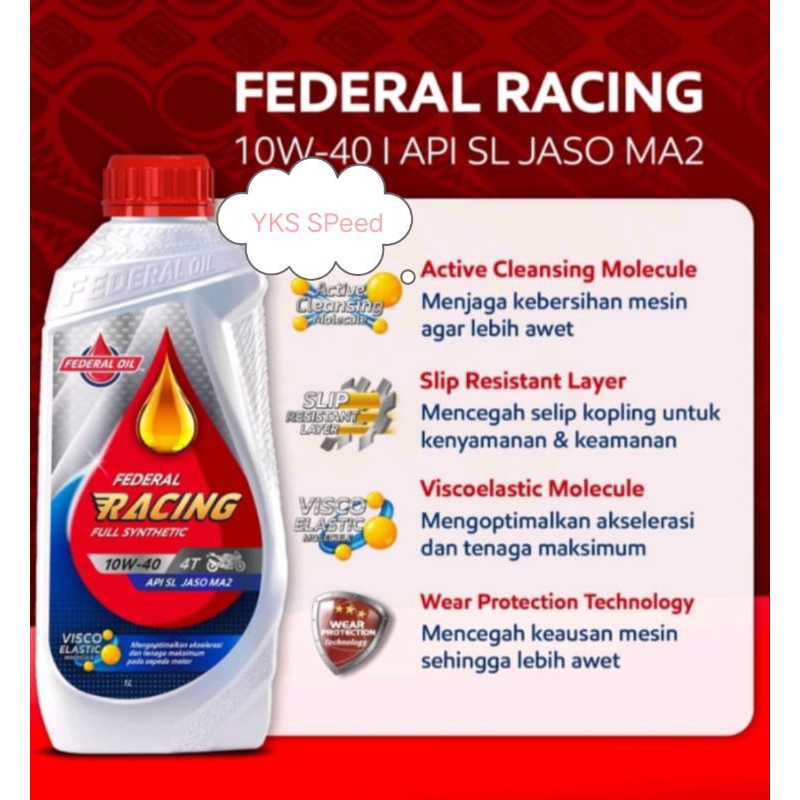 (OBRAL ORIGINAL) Oli Mesin Federal Racing 10-40w 1 liter For N-max/Aerox 155/Vixion/CB 150R/Supra x 