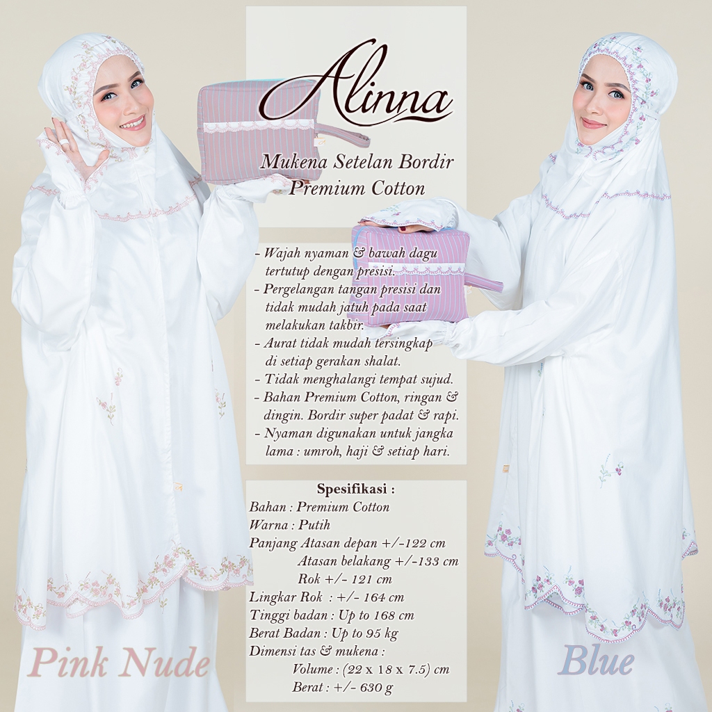 Mukena Alinna Setelan Potong Atas Bawah Berlengan Tangan Katun Premium Bordir Umrah Haji Ihram 2