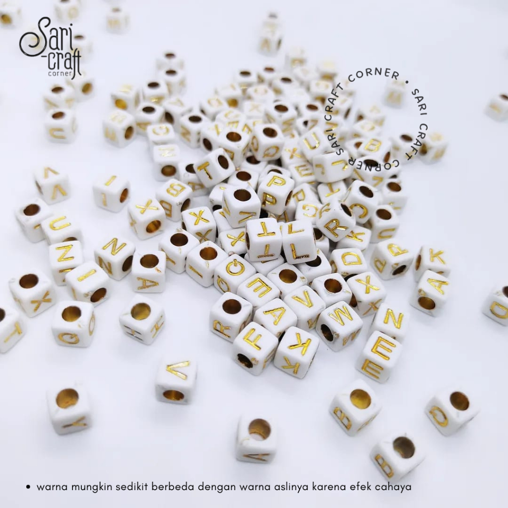 Manik Huruf Kubus Putih Gold 6x6mm - 50gr