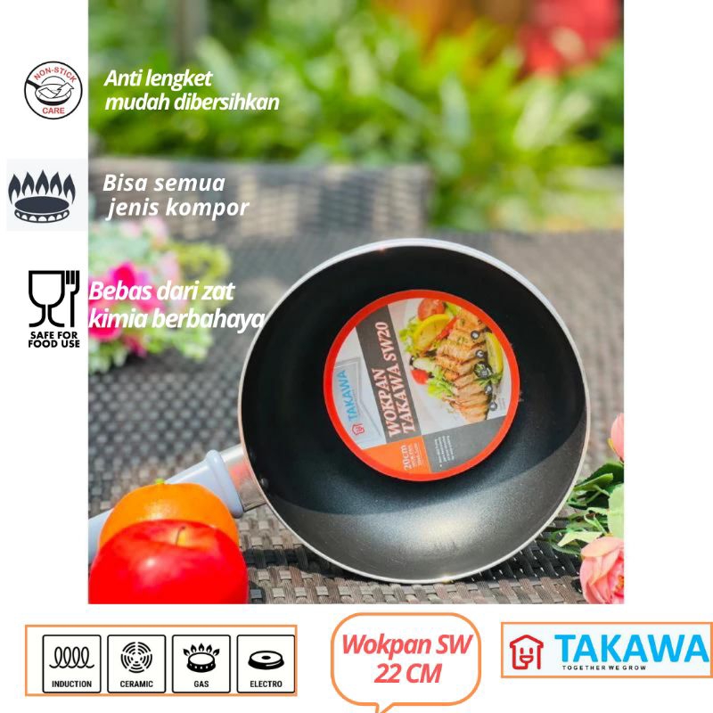 Wok Pan Takawa SW 22 Anti Lengket/ Wok Pan Anti Lengket Serbaguna/Panci Wokpan Teflon Anti Lengket