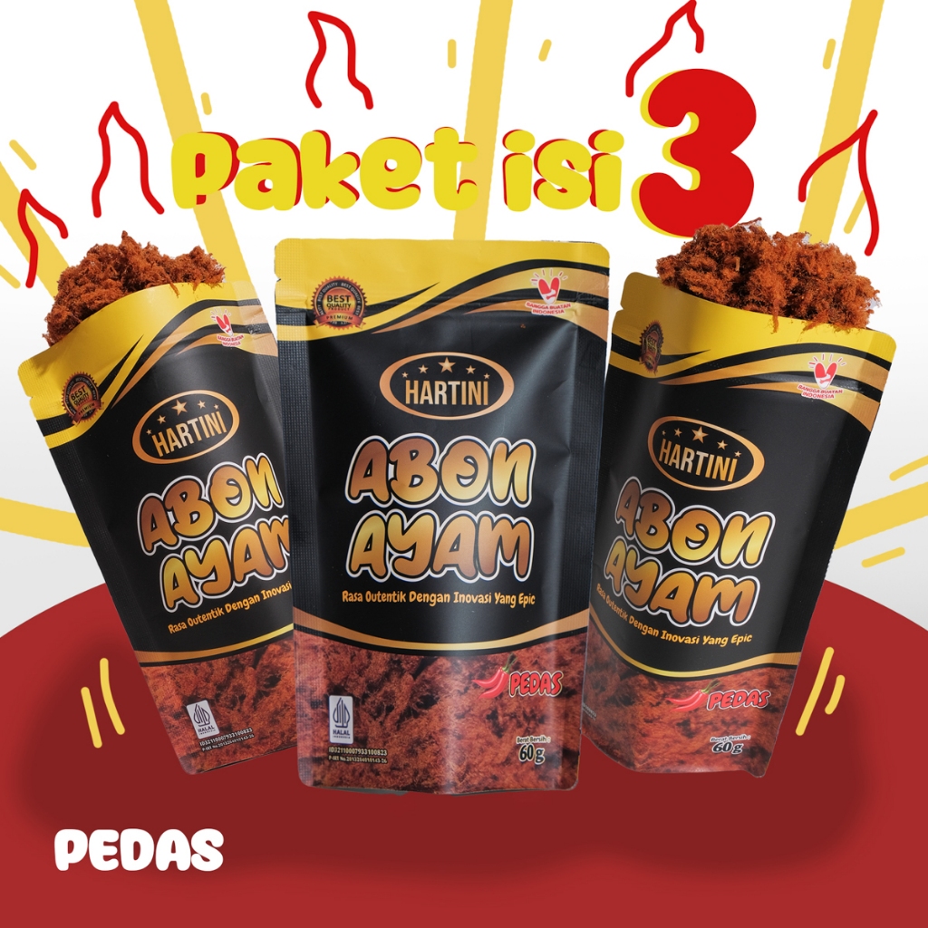 

PAKET HEMAT 3PCS Abon Ayam Hartini PEDAS Abon Ayam 100% Daging Ayam Asli Pouch 60gr