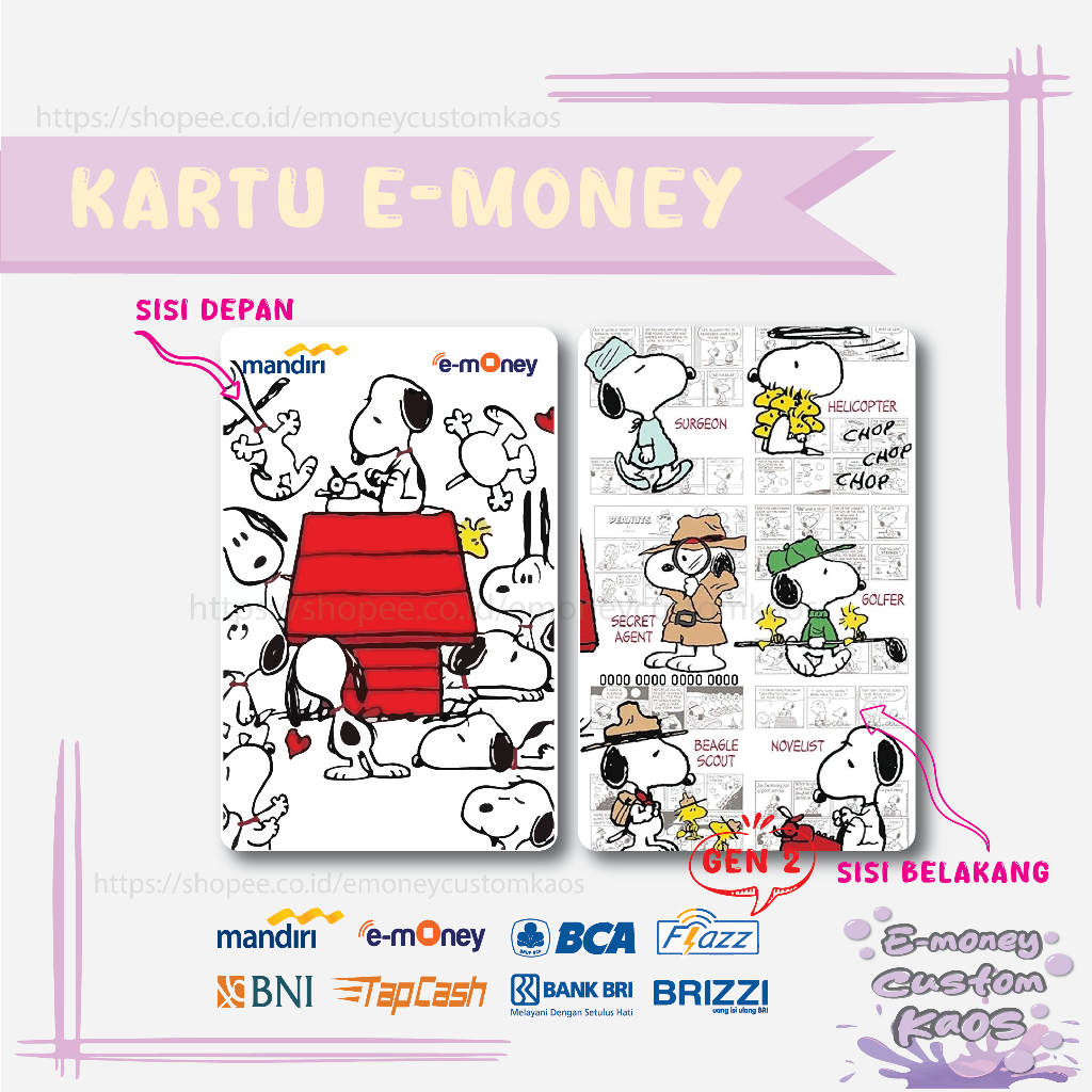 KARTU EMONEY SNOOPY KOMIK ANIME DOG MANDIRI FLAZZ BCA GEN 2 BNI TAPCASH BRIZZI BRI - 2 SISI