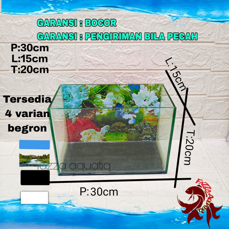 Akuarium kaca ukuran 30x15x20 aquariun cupang guppy chana ikan hias Begron Alam Biru Putih Hitam