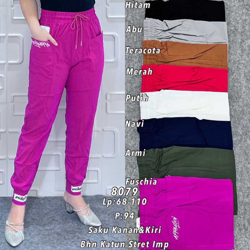 QH 8079 Celana Jogger Wanita Import Bordiran Katun Stretch Bangkok Premium BKK