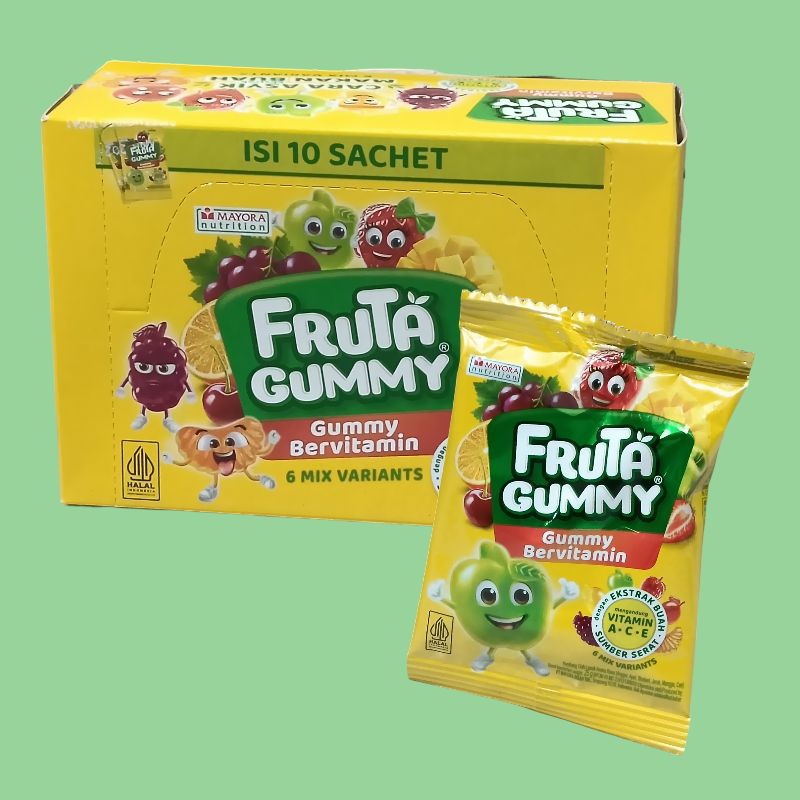 

MAYORA FRUTA GUMMY Bervitamin Mix 6 Varian Permen Jelly Buah (10 sachet/box)