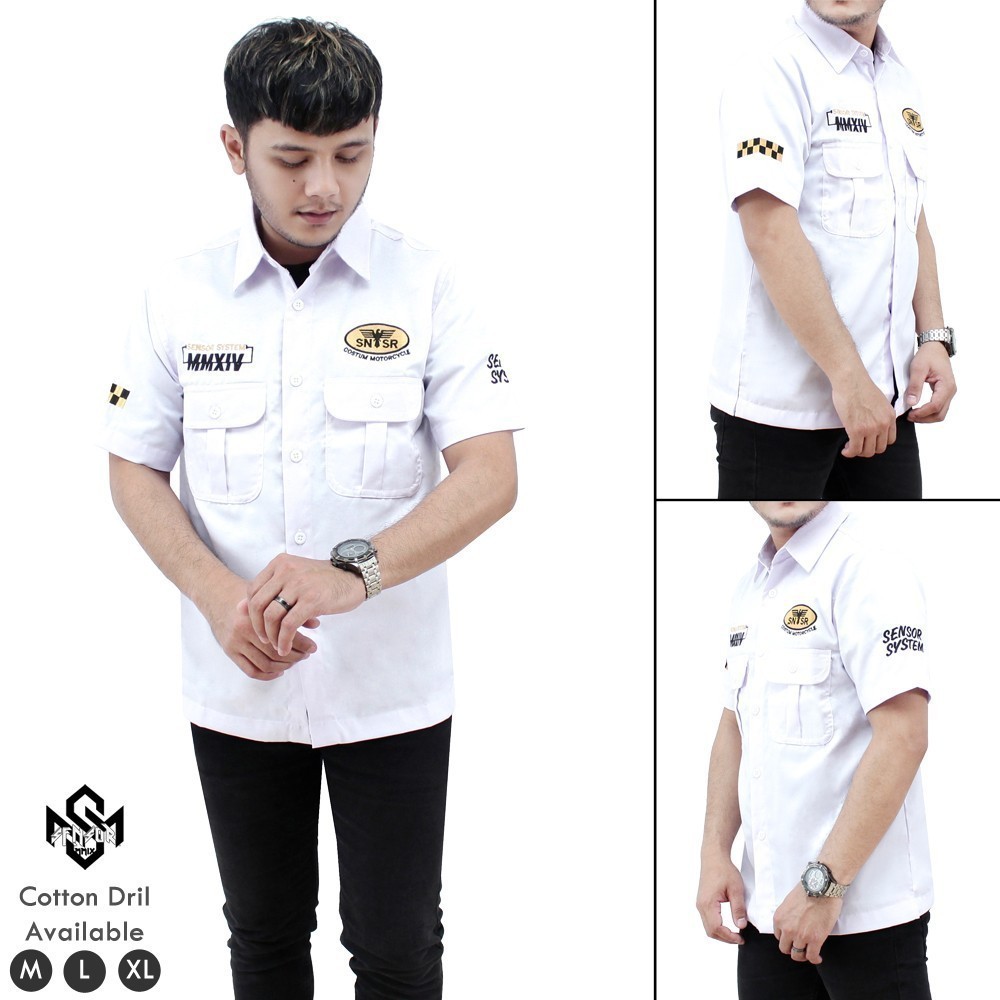 Workshirt Bordir SNSR SYSTEM | Kemeja Motorcycle - Putih