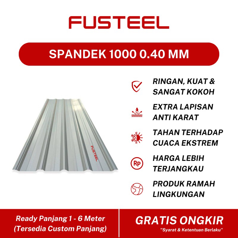 FUSTEEL Spandek 0.40 mm Tipe 1000 Atap Dinding Baja Ringan Galvalum