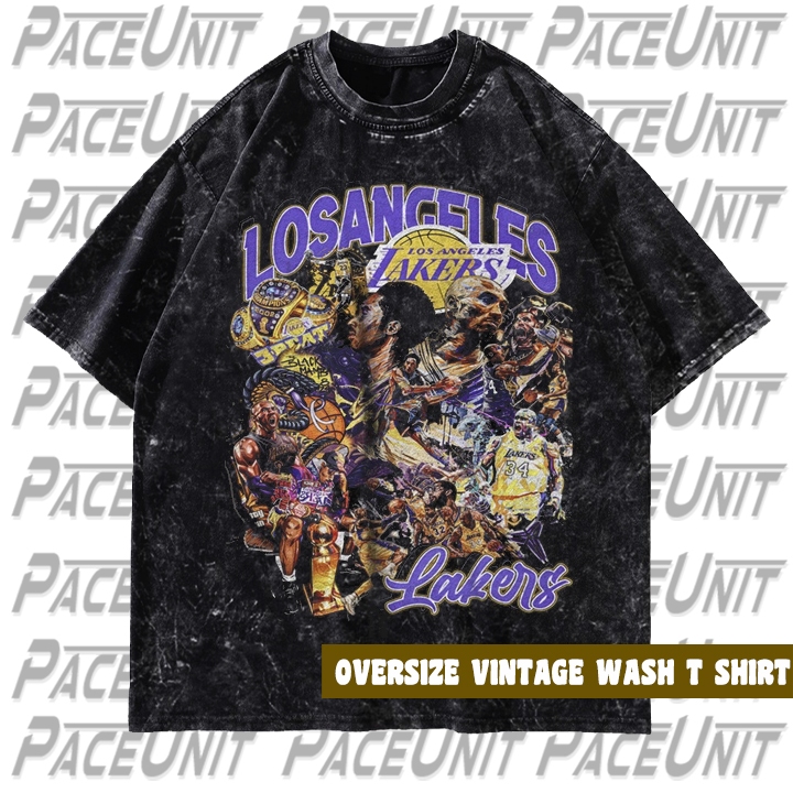 Kaos Oversize Vintage Wash Kaos Unisex Black Premium LA LAKERS Vintage Bootleg Tee