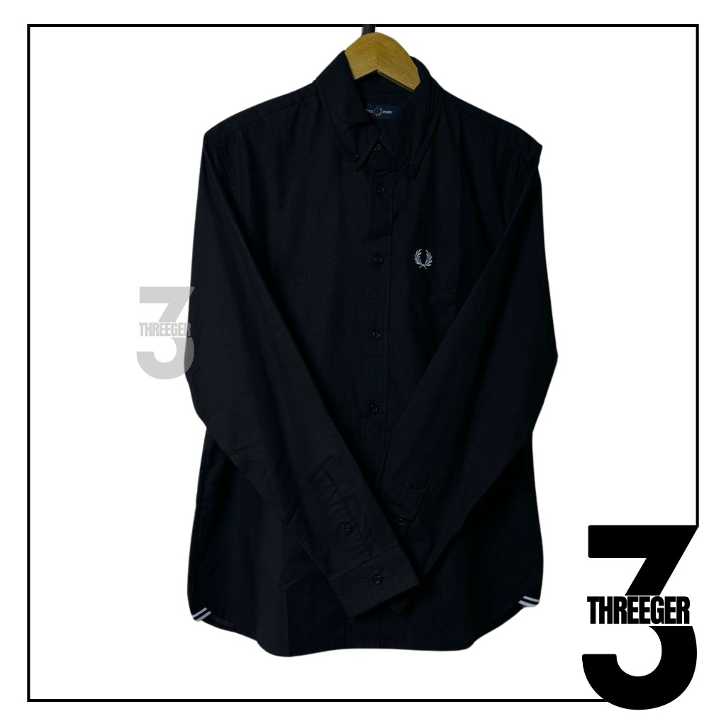 Fred Perry Oxford White Logo Long Sleeve Shirt Black Original / Kemeja Fred Perry Original