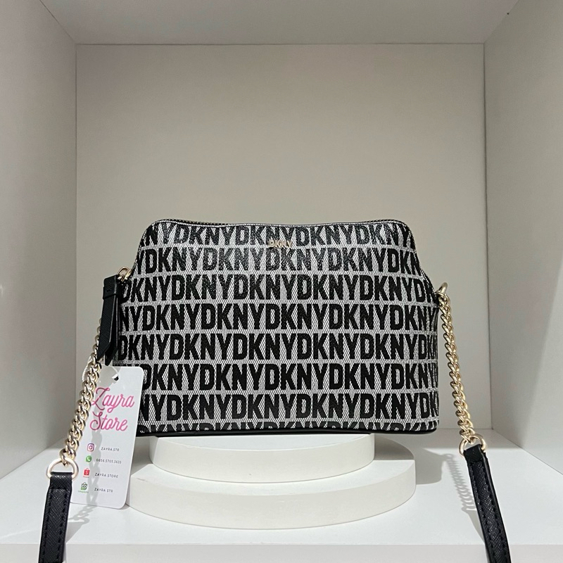 DKNY Donna Karan New York Bryant Dome Monogram Crossbody Bag Black Genuine Leather Original