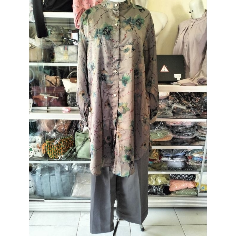 ONE SET/ SETELAN TUNIK WANITA SATIN GLAMZ GREY