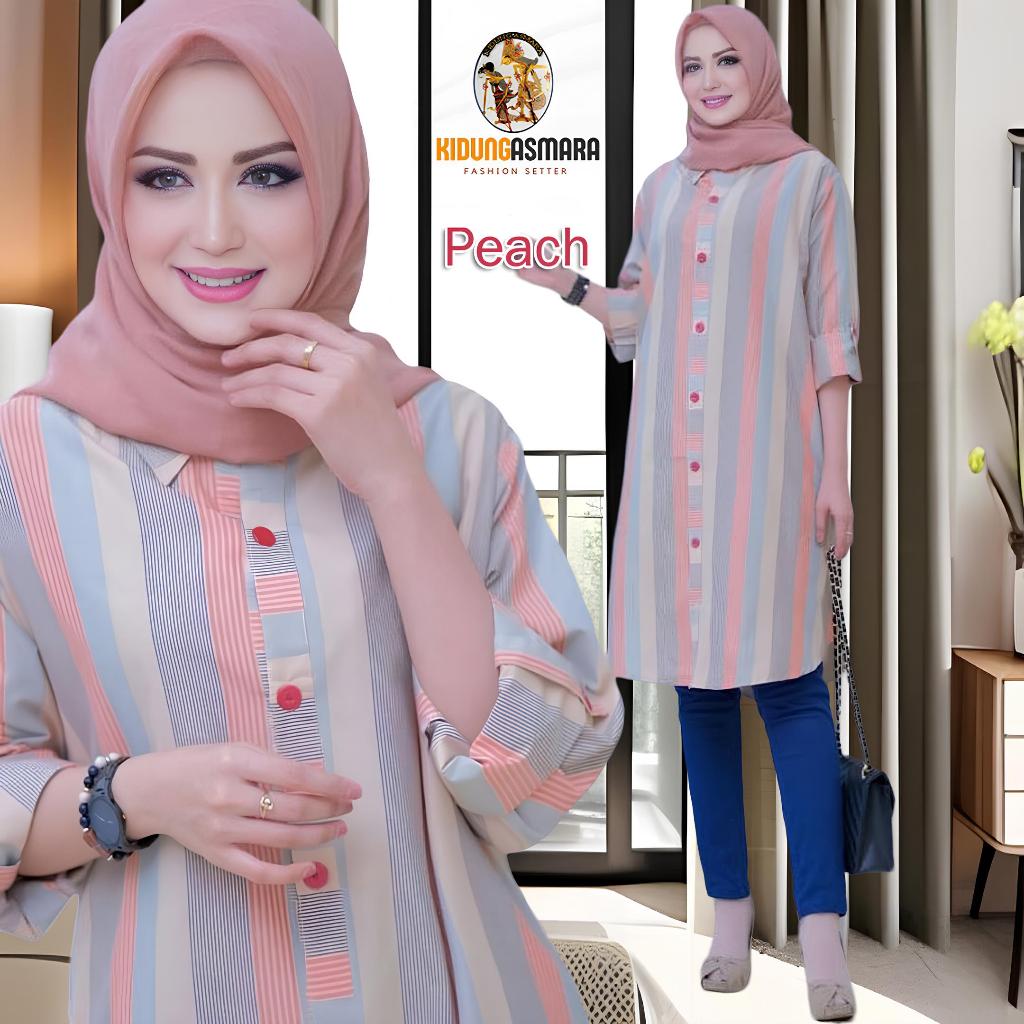 Dress Salur Tunik Wanita Atasan Ailen Baju Garis Kancing Depan Panjang