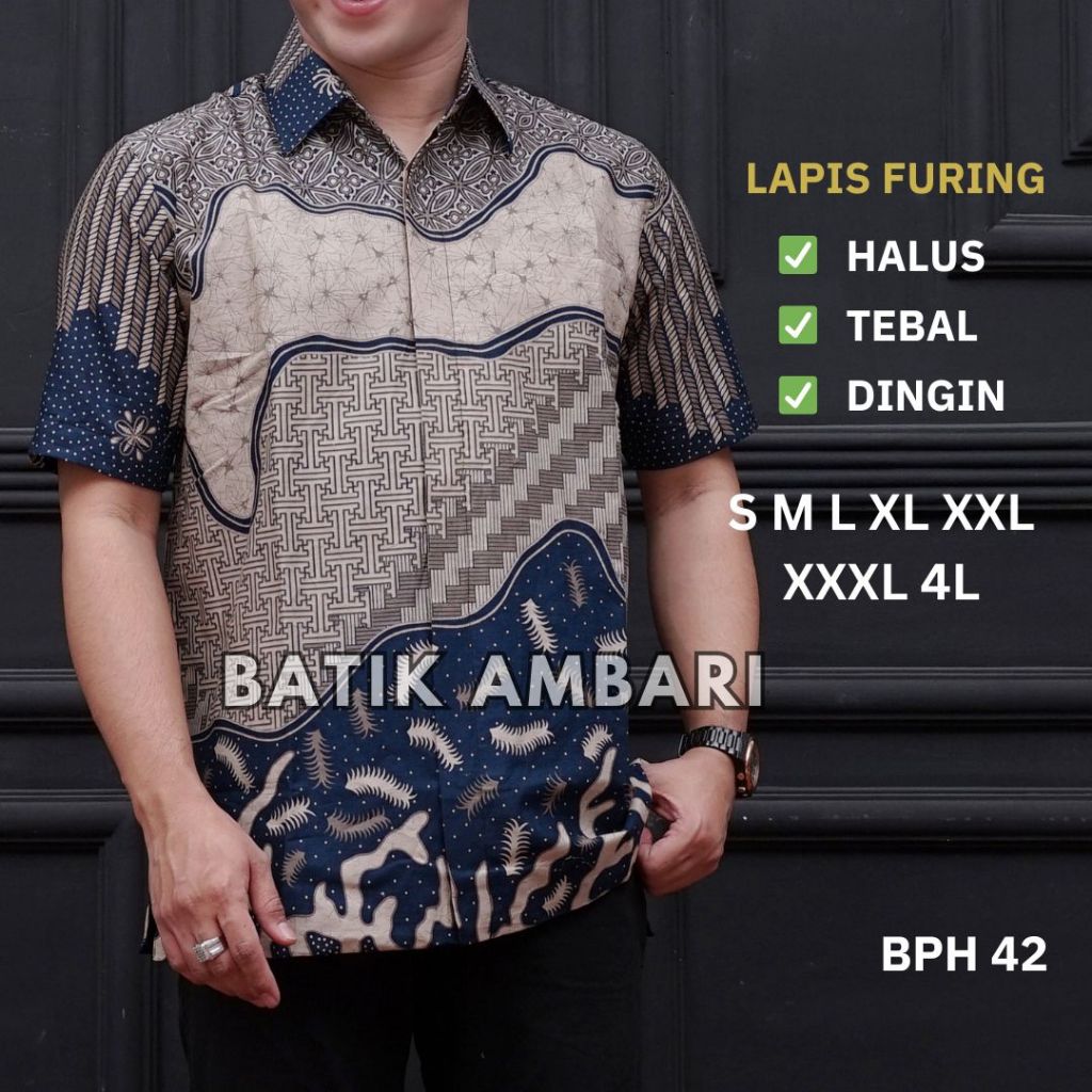 Batik Pria Lapis FURING STANDAR JUMBO Kemeja Batik Lengan Pendek XXXL 4XL NAVY KREM BPH 42