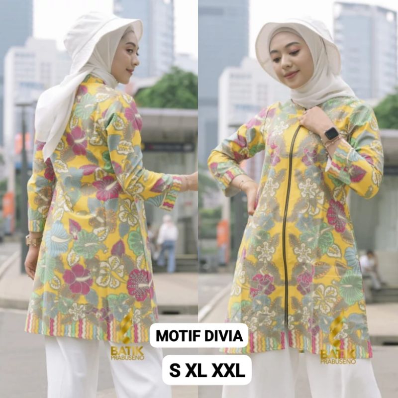 DIVIA Tunik Batik Wanita Lengan Panjang Batik Prabuseno Motif Divia Motif Salindra Baju Kantoran Tun