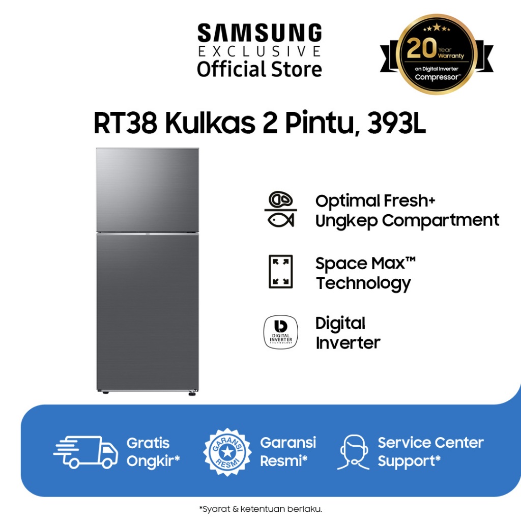Samsung Kulkas 2 Pintu 393L | Optimal Fresh+ Ungkep Compartment | SpaceMax™ | RT38CG6420S9SE