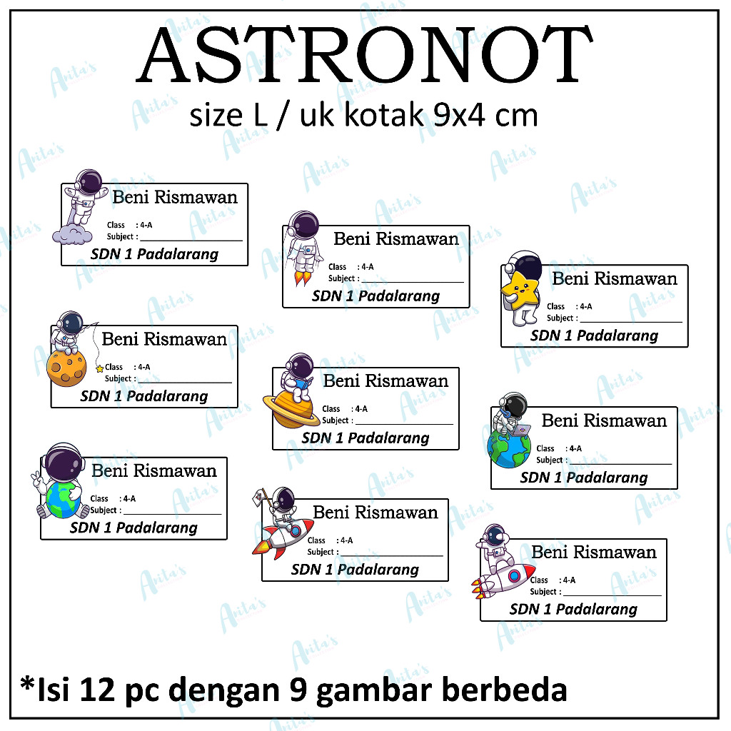 

12pc STIKER NAMA BUKU PELAJARAN ANAK SEKOLAH tema ASTRONOT | size L / 9x4 cm | CUSTOM