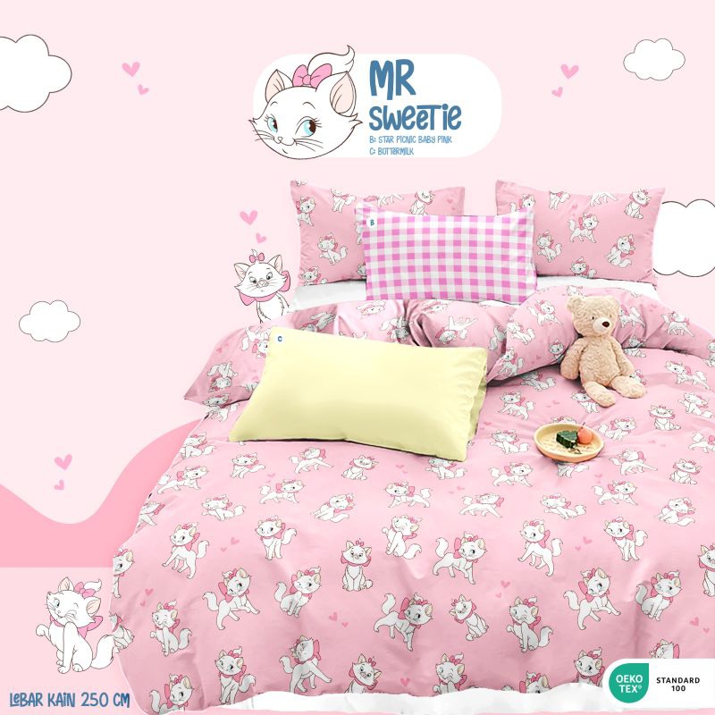 Kain Karun CVC ECER Star Sprei Dewasa Motif Anak Karakter Kucing Marie Sweetie Pink