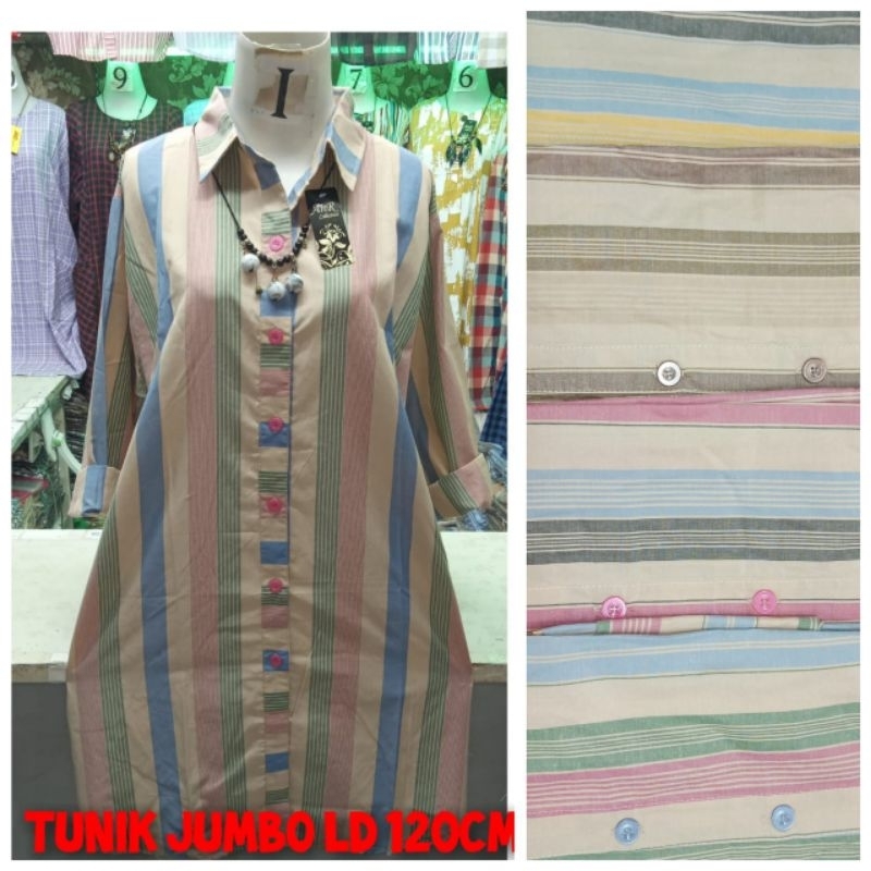 Tunik jumbo Ld 120cm// Tunik motif salur pelangi bahan katun premium