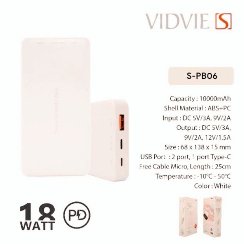 POWER BANK VIDVIE S-PB06 10000 MAH 18 WATT / POWERBANK SPB06 10000MAH 18W