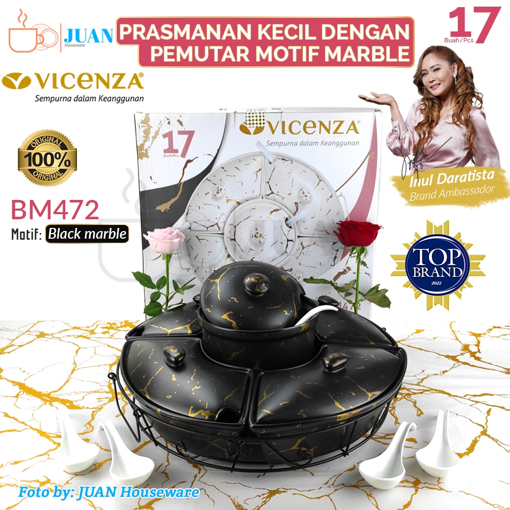 VICENZA 17pcs wadah saji bulat kecil keramik motif black marble + rak pemutar / prasmanan putar kera