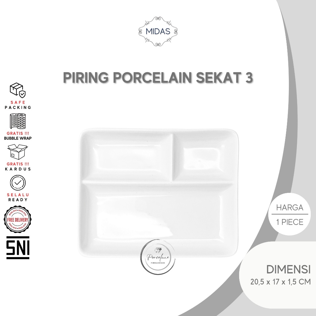 Midas Piring Porselen Sekat 3 Kotak Putih 21 x 17 cm Serving Plate Lauk Saji Segi Keramik Aesthetic