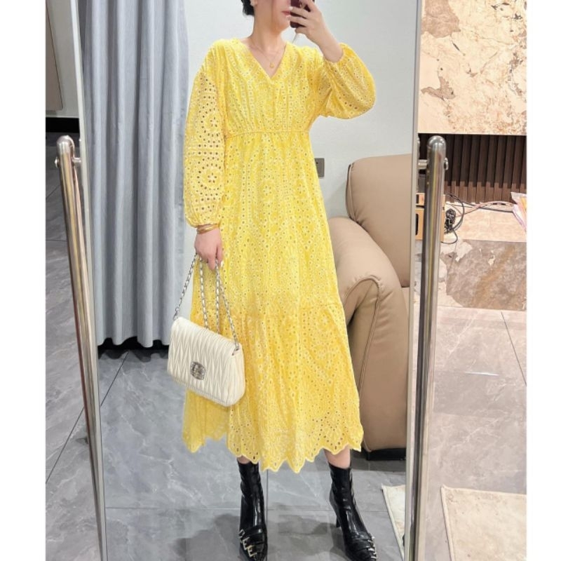 59006 Baju JERMAINE EMBROIDERY COTTON KATUN BOLONG KATBOL VNECK lengan panjang dres Korea Korean sty