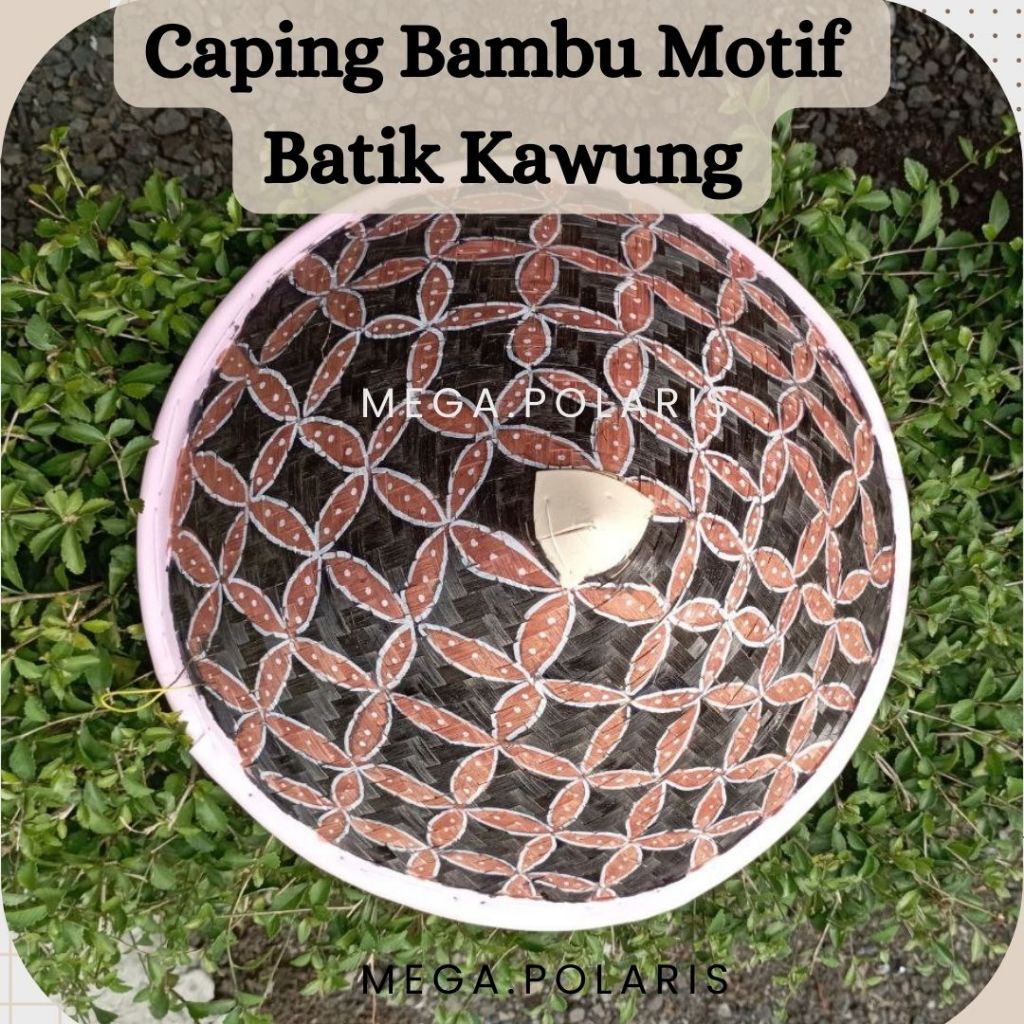 Caping Batik Kawung, Topi Petani Anyaman Bambu Full Warna Cat Kayu